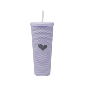 Custom Studded Tumbler | Live Love Spa in lavender with a textured studded surface and a heart logo on the front, featuring a matching lid and white straw for hydration and wellness.