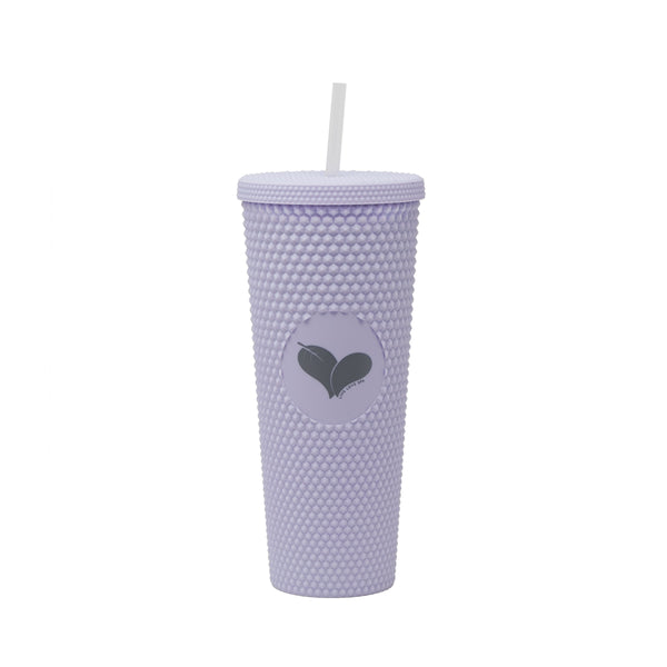 Custom Studded Tumbler | Live Love Spa in lavender with a textured studded surface and a heart logo on the front, featuring a matching lid and white straw for hydration and wellness.