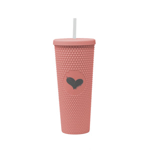 Custom Studded Tumbler | Live Love Spa in soft pink with textured studded surface, featuring a heart emblem and a white reusable straw, perfect for skincare and wellness hydration.