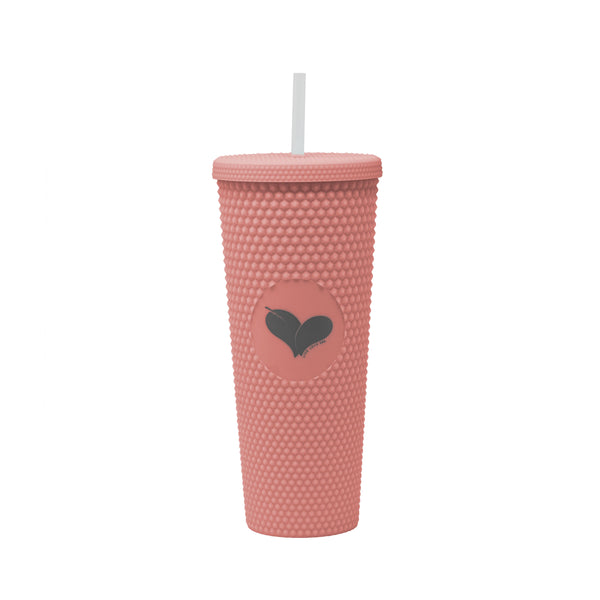Custom Studded Tumbler | Live Love Spa in soft pink with textured studded surface, featuring a heart emblem and a white reusable straw, perfect for skincare and wellness hydration.