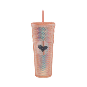 Custom Studded Tumbler | Live Love Spa in iridescent peach with textured studded surface and matching straw, designed for stylish hydration and wellness use.