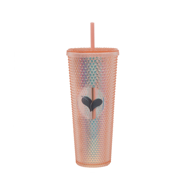 Custom Studded Tumbler | Live Love Spa in iridescent peach with textured studded surface and matching straw, designed for stylish hydration and wellness use.