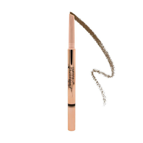 Defined Brilliance Dual Sided Eyebrow Pencil | Pretty Vulgar with angled tip and brown shade, shown with a swatch line on a white background for precise eyebrow definition.
