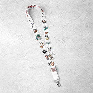 Lanyard - Fab Spa Life Characters | Lucky Owl featuring colorful cartoon-style spa and wellness icons on a white background with a metal clip attachment.