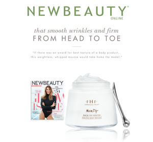 Moon Dip Back To Youth Ageless Body Mousse | Farmhouse Fresh in a clear jar with a silver applicator, featured alongside a NewBeauty magazine cover highlighting its wrinkle-smoothing and firming skincare benefits.