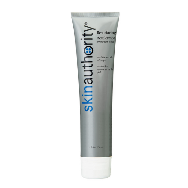 Tube of Resurfacing Accelerator | Skin Authority skincare product in silver packaging designed to promote skin renewal and improve complexion.