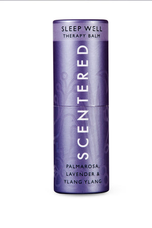 Sleep Well Therapy Balm | Scentered in a purple cylindrical container with calming palmarosa, lavender, and ylang ylang scents, designed for skincare and wellness.