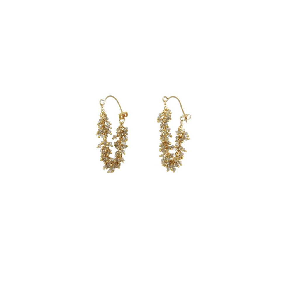 Fringe Hoop Earrings | Catherine Weitzman Jewelry featuring delicate gold hoops adorned with cascading light blue beads, offering an elegant and stylish accessory.