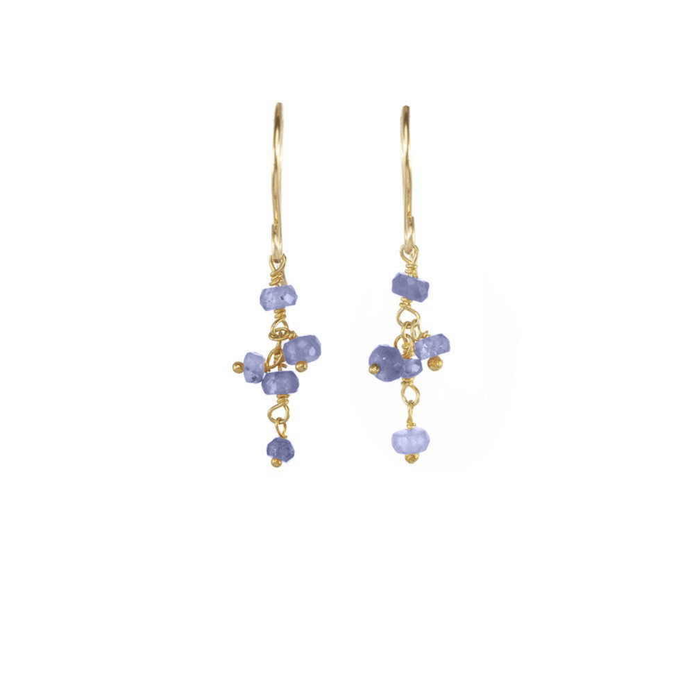 Short Gemstone Dangle Earrings | Catherine Weitzman Jewelry featuring delicate gold hooks with small pink gemstone beads arranged in a charming dangle style.