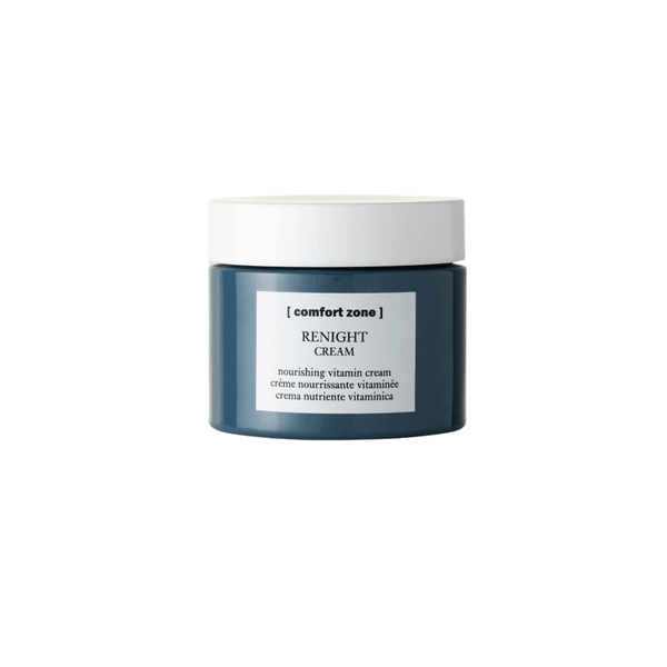 Blue jar of Renight Cream | [ comfort zone ] with white lid and label, a nourishing vitamin skincare product for restorative body care and wellness.