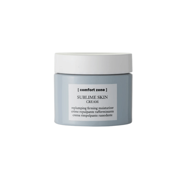 Jar of Sublime Skin Cream | [ comfort zone ] moisturizing skincare product in a soft blue container with white lid for firming and replenishing skin.