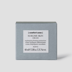 Grey box packaging of Sublime Skin Cream | [ comfort zone ], an aging skincare product described as a replumping firming moisturizer with a net weight of 60 ml or 2.08 ounces.