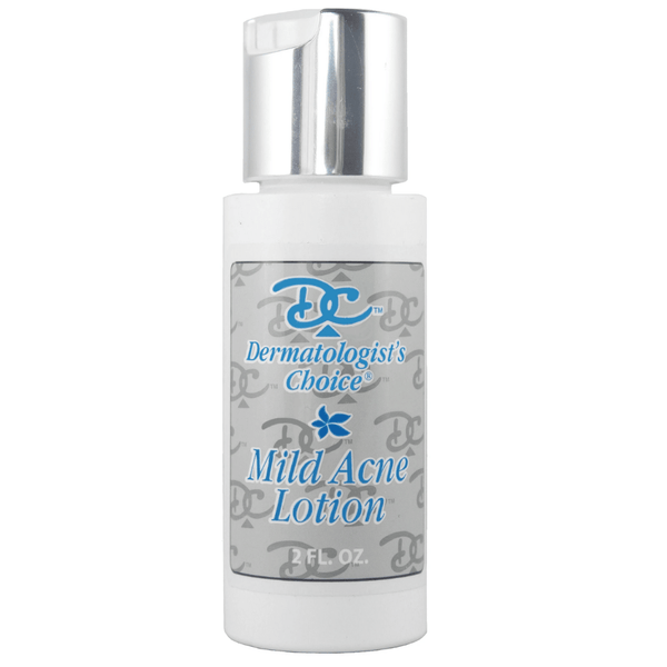 Bottle of Mild Acne Lotion with Benzoyl Peroxide | Dermatologist's Choice featuring a silver cap and gray label, designed for skincare and acne treatment.