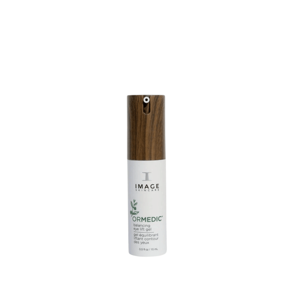 ORMEDIC balancing eye lift gel | IMAGE Skincare in a white bottle with a wood-textured pump top, designed for skincare targeting eye area hydration and lifting.