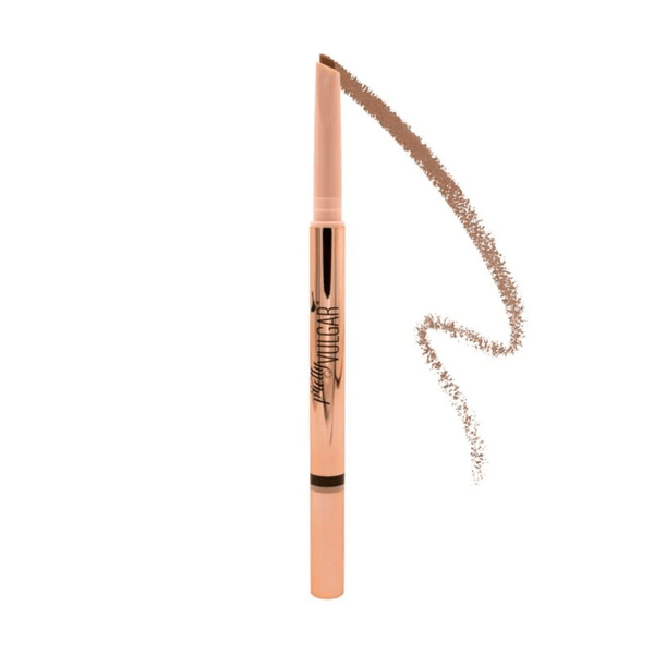 Defined Brilliance Dual Sided Eyebrow Pencil | Pretty Vulgar in rose gold casing with angled pencil tip and brown eyebrow color swatch on white background.