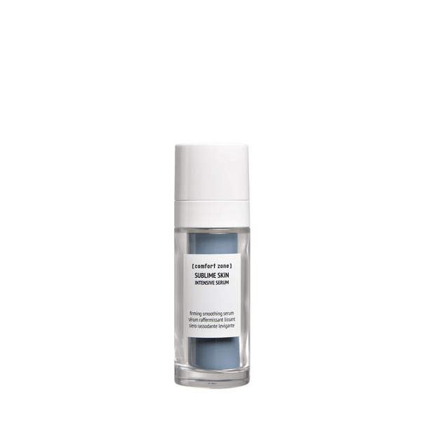 Clear glass bottle with white cap containing Sublime Skin Intensive Serum | [ comfort zone ], a firming and smoothing skincare product for radiant skin.