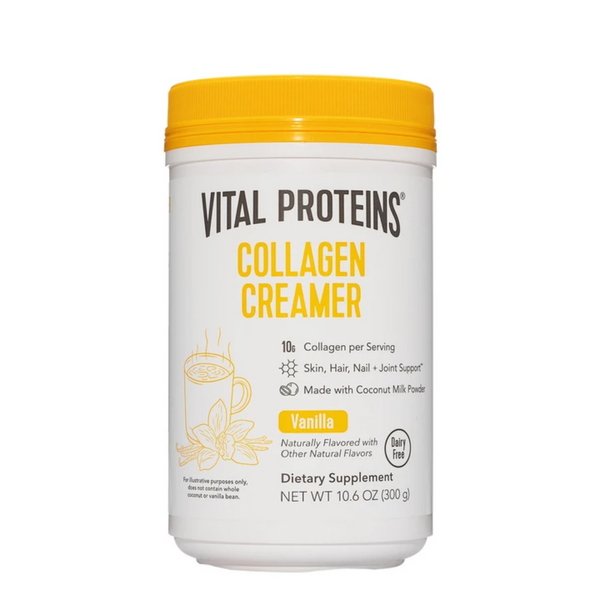 Container of Collagen Creamer - Vanilla | Vital Proteins dietary supplement, featuring collagen for skin, hair, nail, and joint support, with dairy-free coconut milk powder.