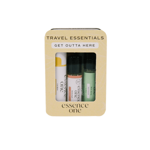 Travel Essentials - "Get Outta Here" | Essence One set featuring three skincare and wellness roller bottles in a compact beige package for easy travel.