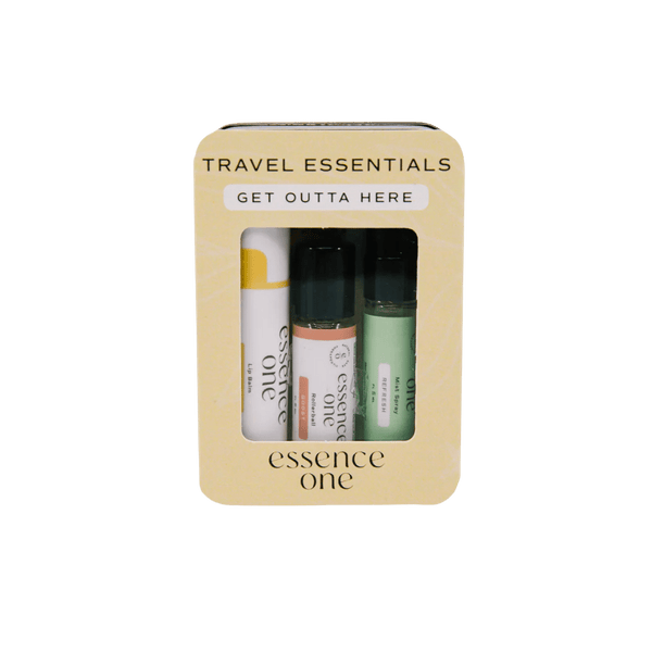 Travel Essentials - "Get Outta Here" | Essence One set featuring three skincare and wellness roller bottles in a compact beige package for easy travel.