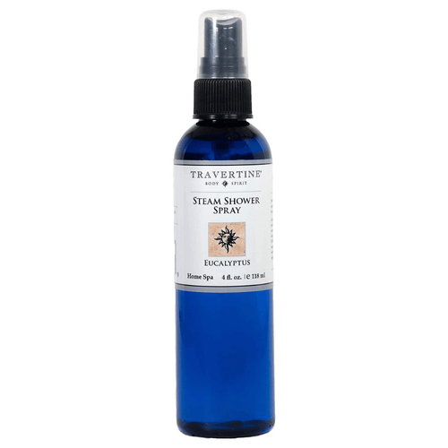 Eucalyptus Steam Shower Spray | Travertine Spa in a blue spray bottle designed for enhancing wellness and body care during steam showers.