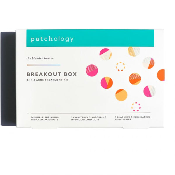 Breakout Box 3-In-1 Acne Treatment Kit | Patchology box packaging showing colorful dots and text highlighting pimple-shrinking, whitehead-absorbing, and blackhead-eliminating treatments for skincare.