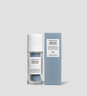 Sublime Skin Intensive Serum | [ comfort zone ] in a clear pump bottle next to a blue box, a firming smoothing skincare serum for aging skin.