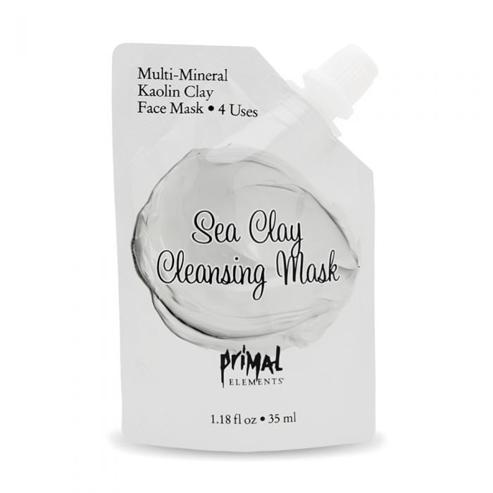 Sea Clay Cleansing Face Mask | Primal Elements in a white pouch with a clear clay smear, featuring multi-mineral kaolin clay for skincare use.