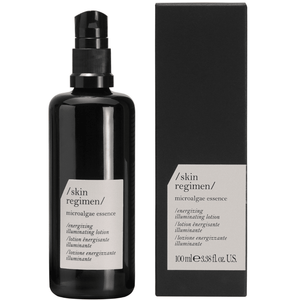 Black bottle with a pump dispenser and matching box packaging of Microalgae Essence | /skin regimen/, a skincare product designed for energizing and illuminating the skin.