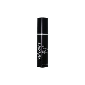 Black cylindrical bottle of Pro Collagen + Serum Amplifier | Epicuren Discovery skincare product against a white background.