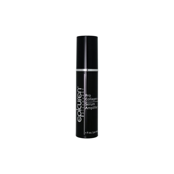 Black cylindrical bottle of Pro Collagen + Serum Amplifier | Epicuren Discovery skincare product against a white background.