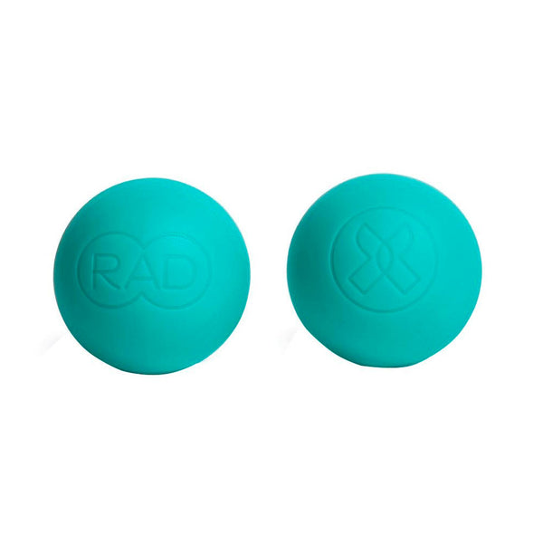 Two turquoise massage balls side by side with subtle embossed designs, promoting muscle relief and wellness with RAD Recovery Rounds | RAD.